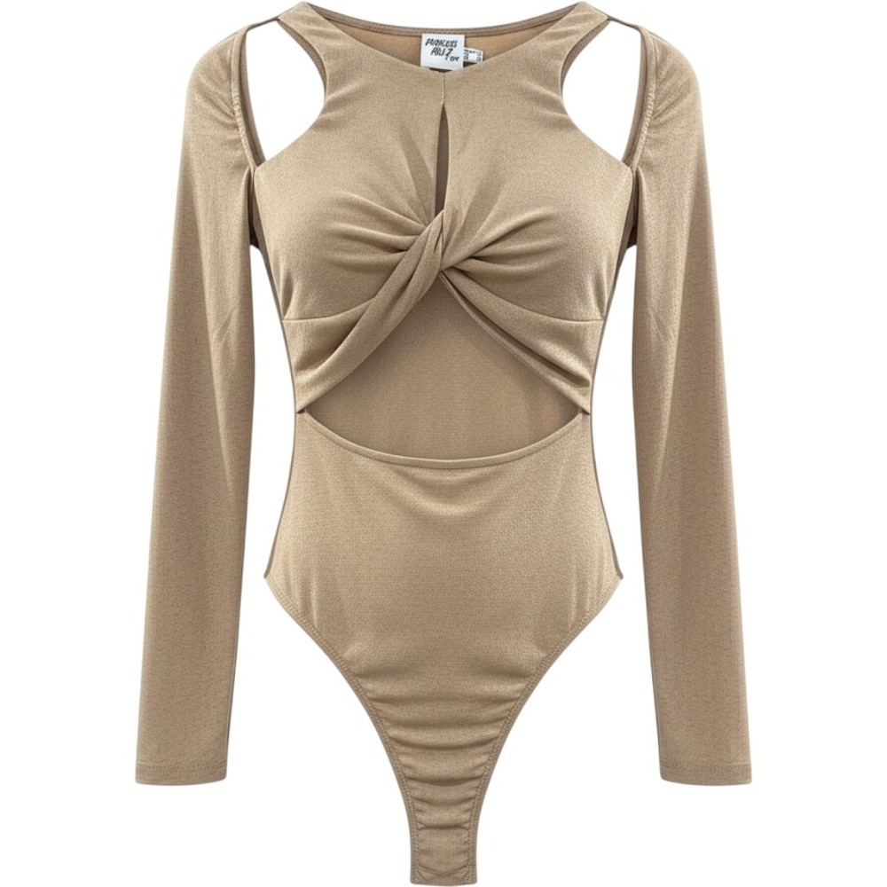 Princess Polly Tan Long Sleeve Twist Front Cutout Bodysuit Size 8 US